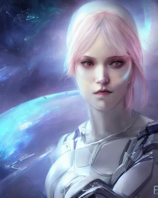 Prompt: perfect android girl on a mothership, warframe armor, beautiful face, scifi, futuristic, galaxy, raytracing, dreamy, digital painting, long white hair, blue cyborg eyes, atmosphere, sharp focus, nebula, highly detailed, artstation, intricate, innocent, art by gauthier leblanc, kazuya takahashi, huifeng huang