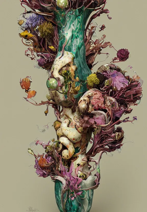 Image similar to biomorphic painting of a vase with flowers and eyeballs, au naturel, hyper detailed, melting plastic, trending in artstation, cinematic lighting, studio quality, smooth render, unreal engine 5 rendered, octane rendered, art style by dorothea tanning and marco mazzoni and ian sprigger and wlop and krenz cushart