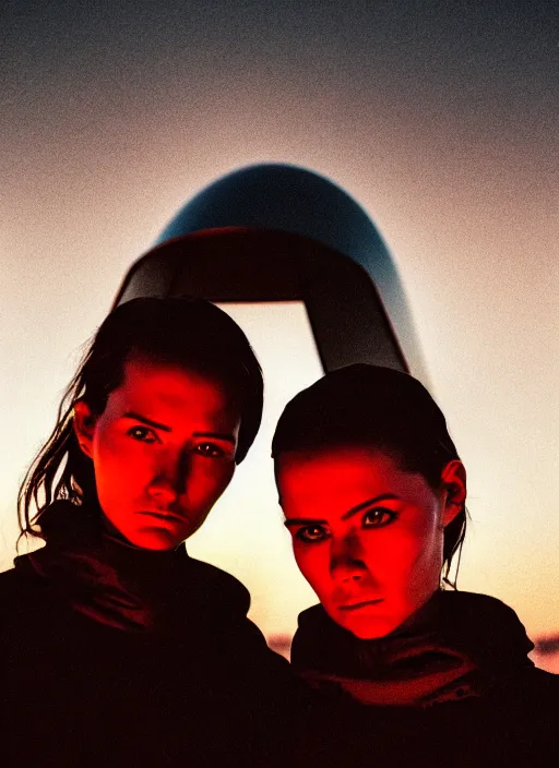 Image similar to cinestill 5 0 d photographic portrait of two loving female androids wearing rugged black techwear on a desolate plain with a red sky in front of a brutalist structure, extreme closeup, cyberpunk style, dust storm, 8 k, hd, high resolution, 3 5 mm, f / 3 2, ultra realistic faces, ex machina