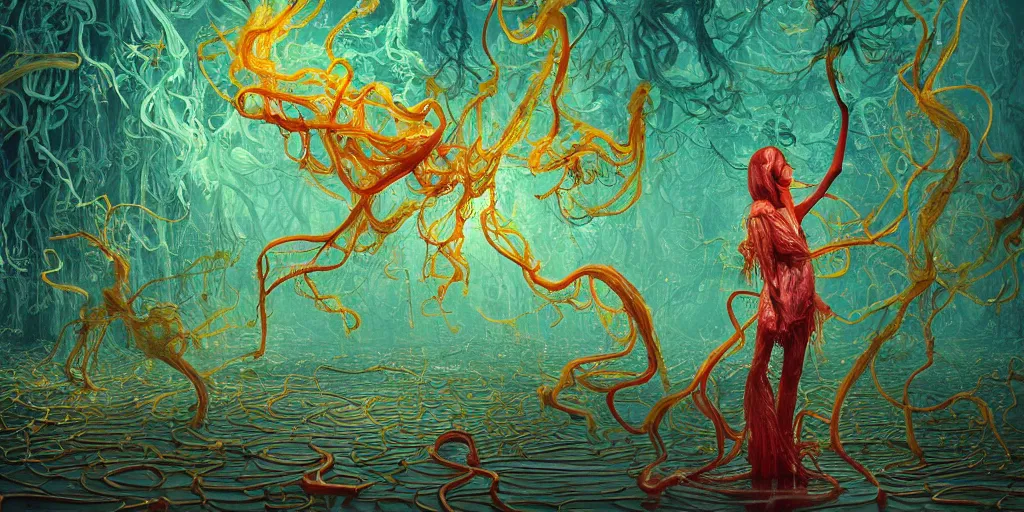 Prompt: epic image of a glossy wet levitating floating fungus spirit with arms outstretched, made from colorful wet fungus tendrils. illustration by james jean, by ivan bilibin. uhd, amazing depth, glowing, golden ratio, 3 d octane cycle unreal engine 5, volumetric lighting, cinematic lighting, cgstation artstation concept art
