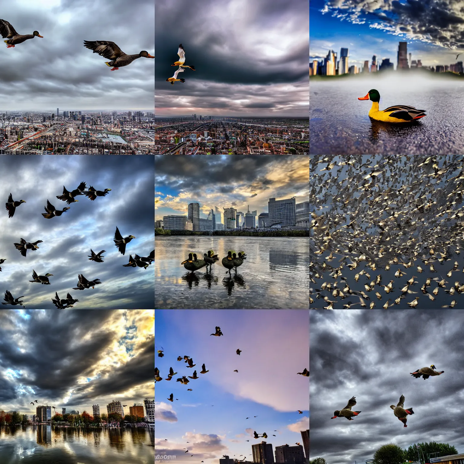 Prompt: ducks falling from the clouds on urban background, 4k, hdr, lighting, weather, high resolution camera shot, low angle shot