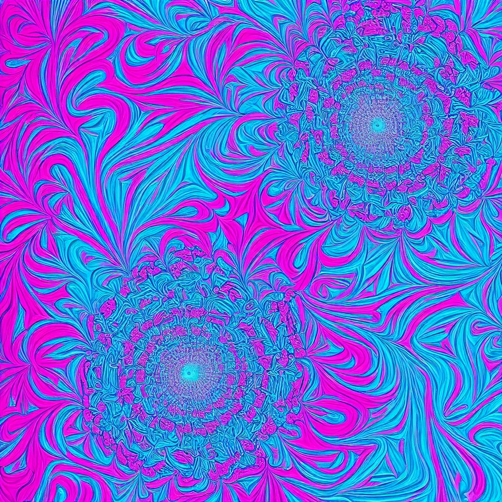 Prompt: blue and pink abstract art, parallax, modern fine art, fractal, intricate, elegant, highly detailed, mandala