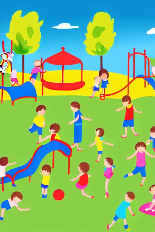 Image similar to highly detailed illustration of children playing in a playground in a sunny day