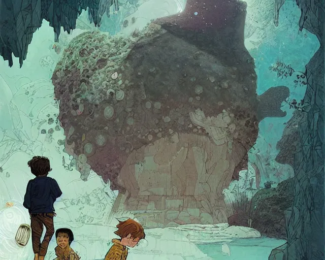 Image similar to a boy sneaking behind a giant sleeping cyclops, in a cave by the water, digital art, illustrated by james gurney and victo ngai