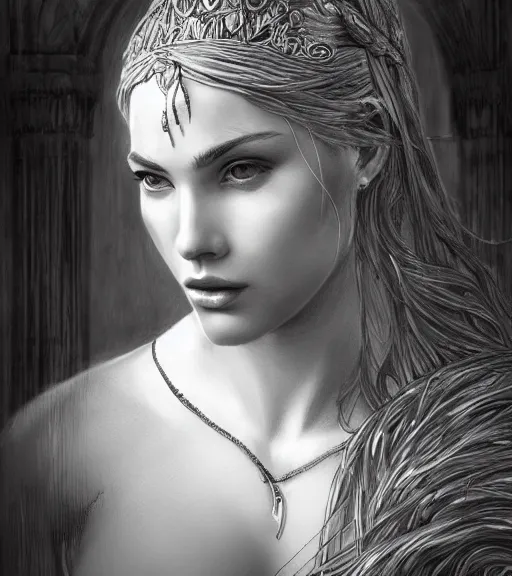 Prompt: aphrodite goddess wearing an arrow on her head, beautiful face, black and white drawing, in the style of greg rutkowski, fantasy, amazing detail, epic, intricate, elegant, smooth, sharp focus