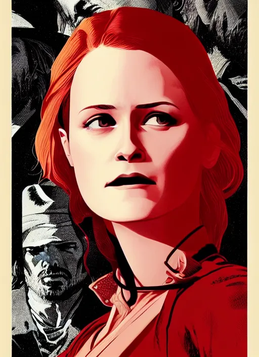 Image similar to a portrait Red Dead Redemption poster of Evan Rachel Wood as Dolores, in the show Westworld, poster artwork by Michael Whelan and Tomer Hanuka, clean
