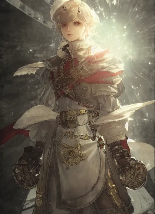 Image similar to character portrait of the white herald on an imperial airship, hidari, color page, tankoban, 4K, tone mapping, Akihiko Yoshida.