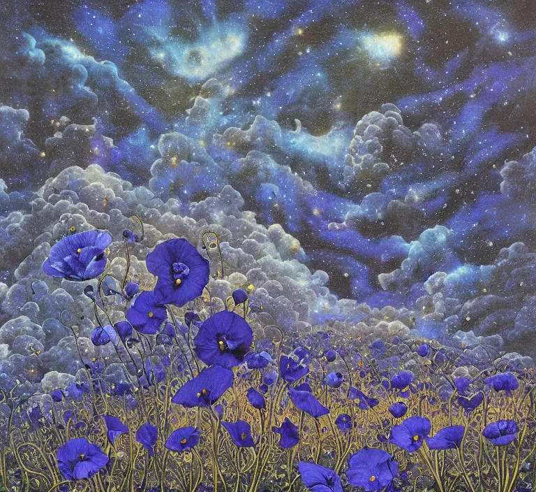 Image similar to detailed, intricate blue black and purple papaverum flower on the field, nebula, galaxy in the sky, winning award masterpiece, fantastically beautiful, illustration, aestheticly inspired, jacek yerka, upscale with anguissola sofonisba work, artstation, 8 k