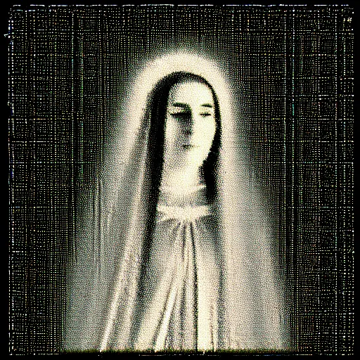 Image similar to vhs static overlay of marian apparition, vhs, 1 9 9 0, highly realistic, highly detailed, vhs noise static, black and white, vhs glitch