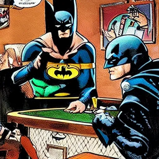 Image similar to batman playing a poker game with other superheroes in a basement, coolidge