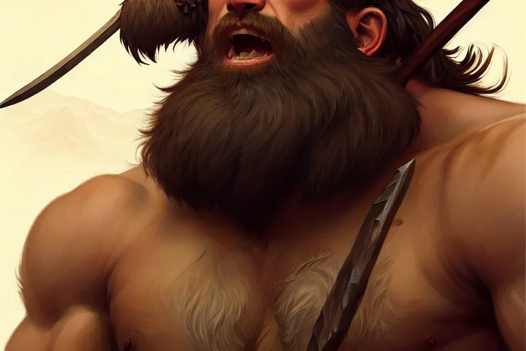 Prompt: upper body portrait of a gruff ranger with a spear, lean and toned, handsome face, hairy chest, D&D, intricate, elegant, highly detailed, digital painting, artstation, concept art, matte, sharp focus, illustration, art by Artgerm and Greg Rutkowski and Alphonse Mucha