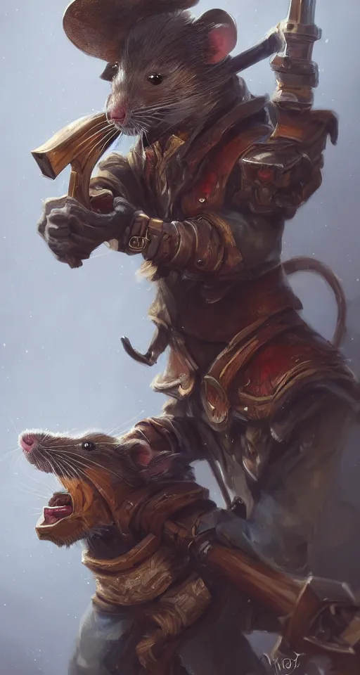 Image similar to illustration of a rat holding a wooden shotgun wearing a coat, dramatic standing, intricate, elegant, highly detailed, centered, digital painting, artstation, concept art, smooth, sharp focus, league of legends concept art, wlop