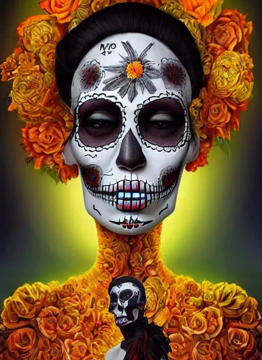 Image similar to dia de los muertos theme surrealist art in the styles of igor morski, jim warren, and aida muluneh, intricate, hyperrealistic, accurate facial details, profile picture with chromakey!!!!! background, volumetric lighting