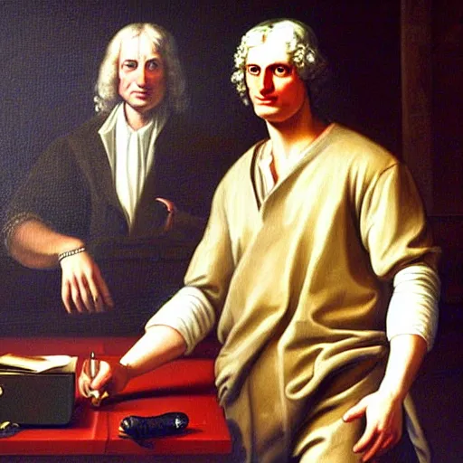 Prompt: a realistic neoclassical painting of sir isaac newton and tupac shakur, chillin at the club together, photorealistic oil on canvas, brilliant detail, exquisite