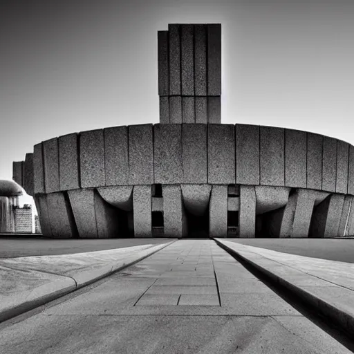 Prompt: a wide shot of a sci - fi beautiful brutalist monument, with many rounded elements sprouting from the base tower creating a feel of an organic structure, photography