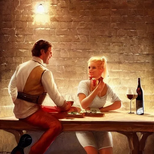 Prompt: (((Boba Fett))) and a beautiful young blonde drinking beer in a wine cellar, food, meat, schnapps, torches on the wall, romantic, inviting, cozy, painting by Vladimir Volegov