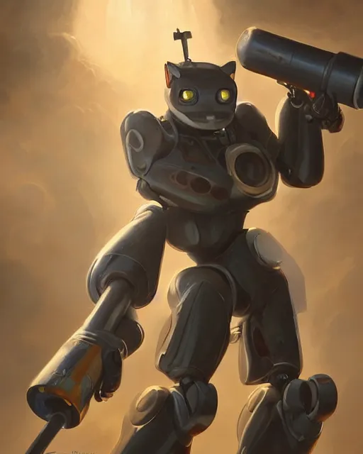 Image similar to oil painting of a robot cat, holding bazooka, wearing a mecha suit, full body, sharp focus, fantasy style, octane render, volumetric lighting, 8k high definition, by greg rutkowski, highly detailed, trending on art Station, magic the gathering artwork, space backround