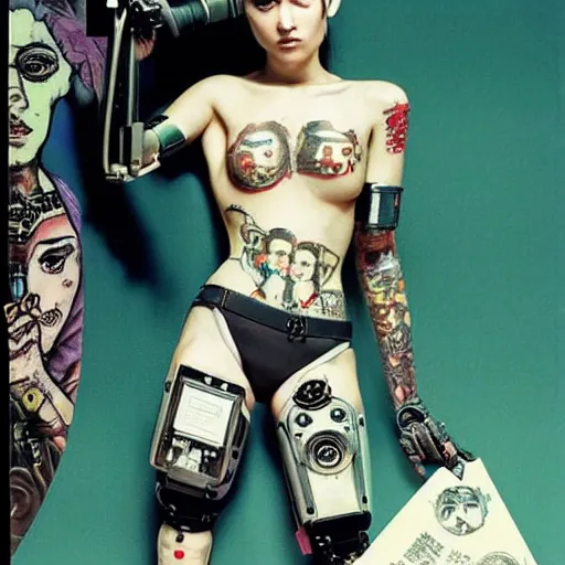 Prompt: super model cyberpunk girl with Japanese yakuza full body tattoo in future world,with a robotic arm, painted by Norman Rockwell and Bosch
