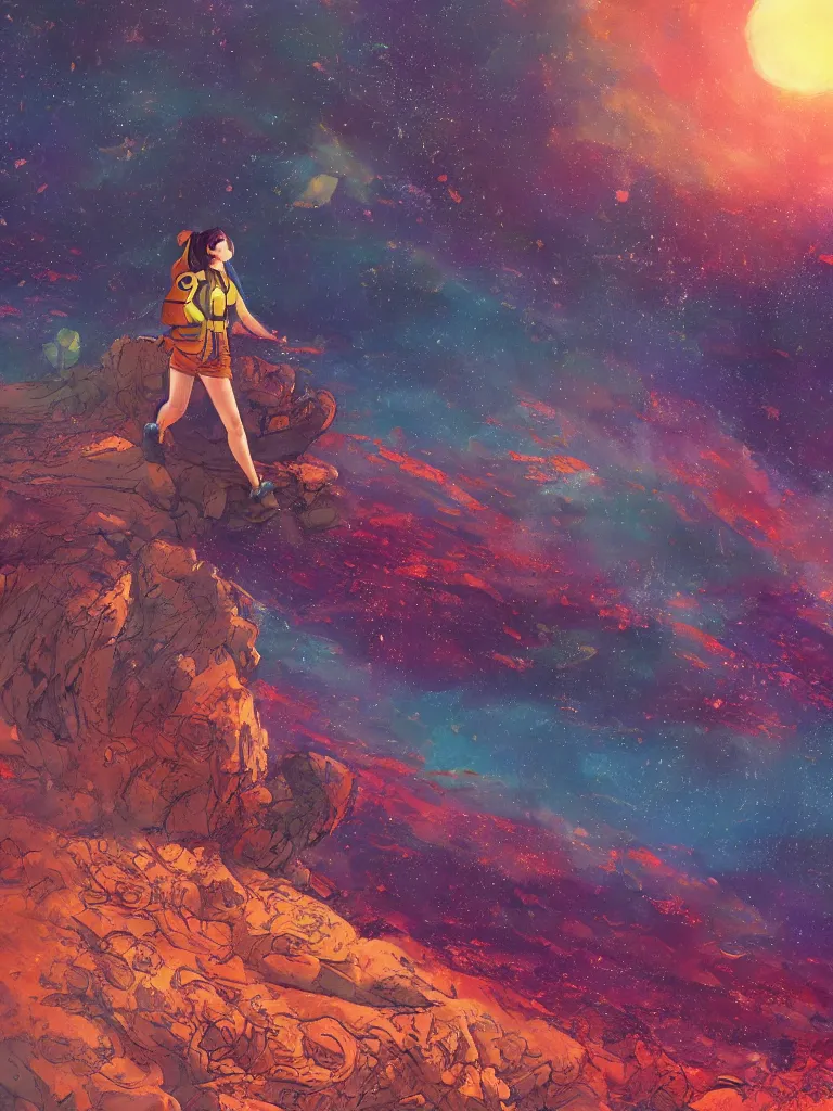 Image similar to Female backpacker exploring an exotic alien landscape, warm colours, detailed, manga,