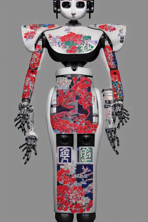 Prompt: full body portrait of a japanese robot geisha with kanji tattoos and decals wearing a digital pixelated kimono, intricate design, photorealistic, octane render, raytraced, ultra fine detailed, character design, trending on artstation