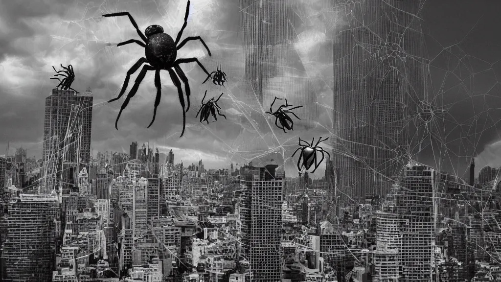 Prompt: giant arachnids attacking the city, photography, realistic, arachnophobia