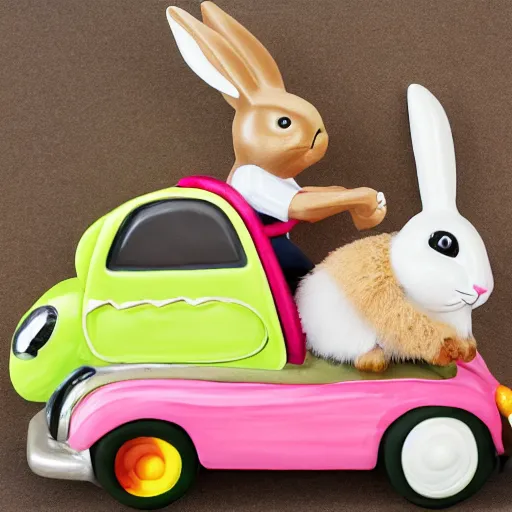 Image similar to easter bunny riding a convertible, studio photo, high quality