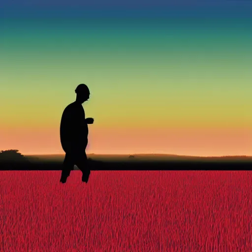 Prompt: view of the horizon of a japanese crop field, sun setting, sky is dark deep red, hazy vignette, silhouette of a man walking down the middle of the field towards viewer, few colors digital art