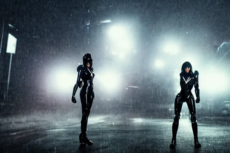 Image similar to vfx marvel sci-fi woman black super hero robot photo real full body action pose, flying over city street cinematic lighting, rain and fog by Emmanuel Lubezki