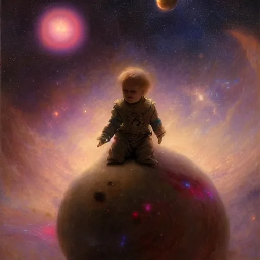 Image similar to a lonley and gloomy baby in middle of space surrounded by colorful stars planets and galaxies, high detail, by gaston bussiere, bayard wu, greg rutkowski, odd nerdrum, maxim verehin, dan dos santos, masterpiece, sharp focus, cinematic lightning