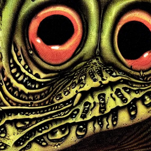 Image similar to closeup of an adorable, eldritch frog abomination of unimaginable horror by h. r. giger and junji ito, speculative evolution, op art with big bold patterns