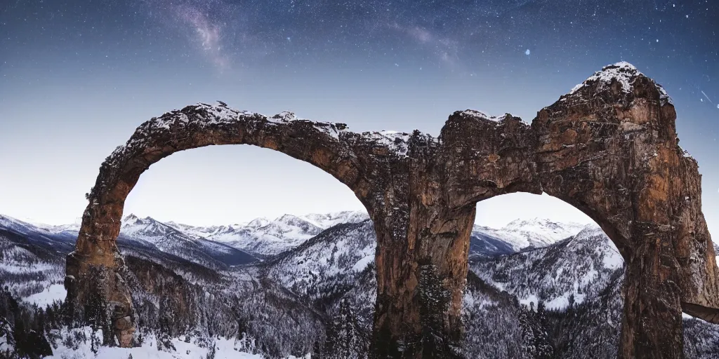 Image similar to Galaxy arch bridge, the foreground is snowy mountains and lakes, in the style of National Geographic magazine