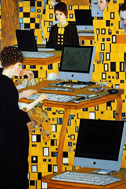 Prompt: oil painting highly detailed computer workers in office painted by gustav klimt