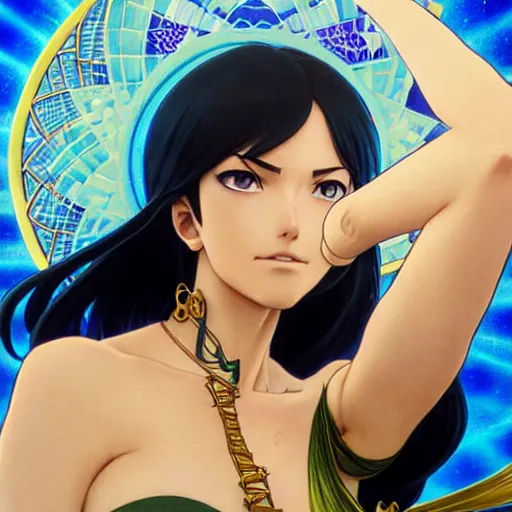 Image similar to highly detailed vfx portrait of nico robin by eiichiro oda, makoto shinkai, alphonse mucha, sharp focus, art by artgerm and greg rutkowski!, backlit, harsh overhead sunlight, blue eyes, stanley kybric, yusuke murata, pixiv, fanbox,