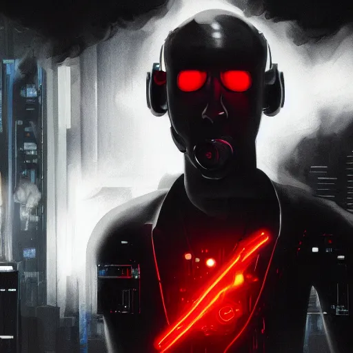 Image similar to a cyborg, cyberpunk, surrounded by smoke, award-winning art, black on red, hyperrealistic, by Sam Spratt, by Vlad Rodrig﻿u﻿e﻿z, computer screens in the background, trending on Artstation, dark, dramatic, cinematic, realistic studio lighting, realistic reflections, realistic light refractions, raytracing, 4k, professional, canon