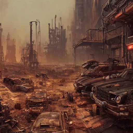 Image similar to highly detailed painting of postapo steampunk rusty city in the middle of wasteland in Mad Max style by Daniel Dociu and Greg Rutkowski trending on Artstation, 4K, high quality