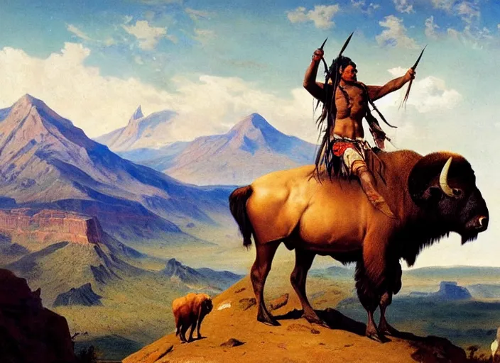 Image similar to native american riding bison, buffalo, native american warrior, mountain range, beautiful sky, standing on the edge of a cliff, 1 9 th century, painted by frazetta