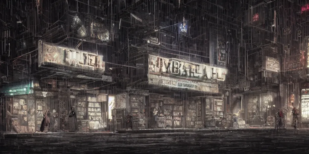 Image similar to cinematic shot of the facade of an old bookstore called babel in a dark alley, dystopian future, neon lights, sci - fi, night lights, haze, concept art, intricate, in the style of katsuhiro otomo, akira, unreal engine