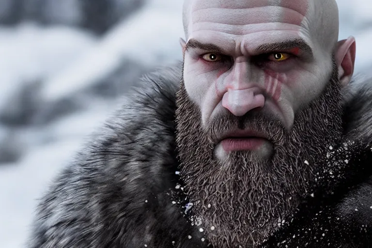 Image similar to vfx movie live action god of war closeup, natural grizzled skin, tough bald man in furs, grey beard, in snowy tahoe by emmanuel lubezki