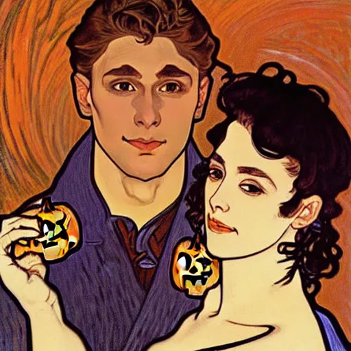 Prompt: painting of handsome young delicate beautiful jeffrey in his 2 0 s with brown hair and gorgeous rina together at the jack o'lantern halloween party, elegant, clear, painting, stylized, art, art by alphonse mucha, vincent van gogh, egon schiele,