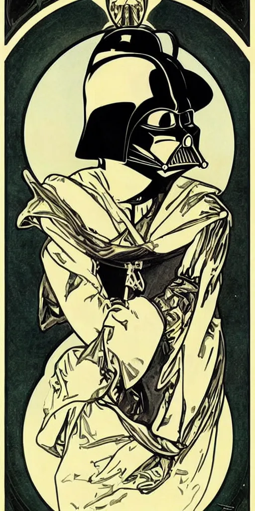 Image similar to Darth Vader helmet , elegant art nouveau poster by Alphonse Mucha