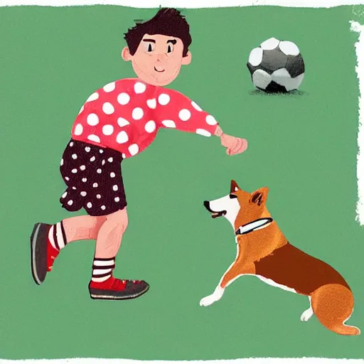 Image similar to illustration of french boy in paris playing football against a corgi, the corgi is wearing a polka dot scarf