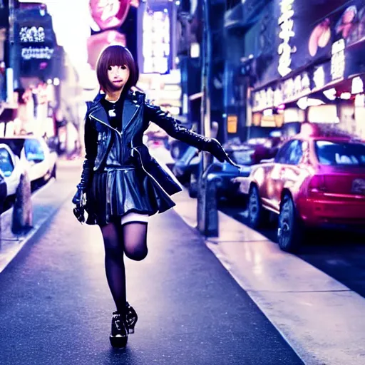 Image similar to a dynamic, epic cinematic 8K HD movie shot of a japanese beautiful cute young J-Pop idol actress yakuza rock star girl wearing leather jacket, miniskirt, nylon tights, high heels boots, gloves and jewelry. Motion, VFX, Inspirational arthouse, at Behance, with Instagram filters