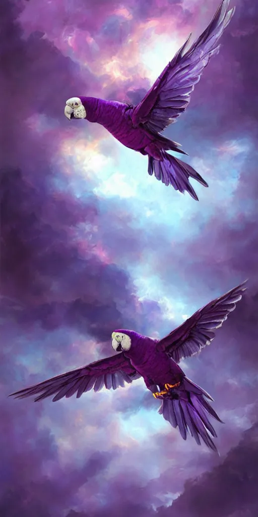 Prompt: a painting of a purple parrot flying through the sky, poster art by raymond swanland, deviantart, fantasy art, christian, deviantart, mystical