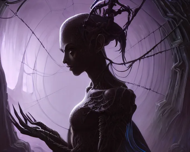 Image similar to a 4 k cinematic screenshot still portrait of a dark elf in a dark liminal space room surrounded by spider webs, deep focus, d & d, fantasy, intricate, elegant, highly detailed, digital painting, art station, concept art, matte, sharp focus, illustration, dark fantasy style art, hearthstone, art by artgerm and greg rutkowski and alphonse mucha