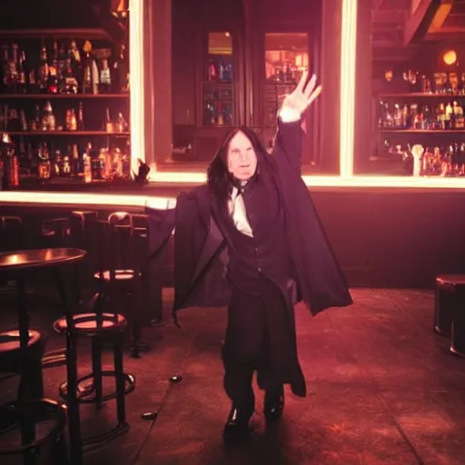 Image similar to Severus Snape dances in a bar, neon light, realistic, full body, very detailed, super realistic