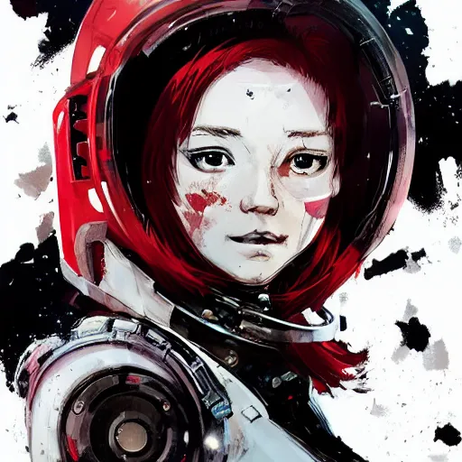 Prompt: highly detailed portrait of a young astronaut lady with blonde punk hair by Dustin Nguyen, Akihiko Yoshida, Greg Tocchini, Greg Rutkowski, Cliff Chiang, 4k resolution, nier:automata inspired, bravely default inspired, vibrant but dreary red, black and white color scheme!!! ((Space nebula background))