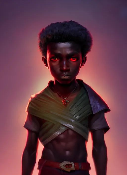 Image similar to An epic fantasy comic book style portrait painting of a small dark skinned boy thief, unreal 5, DAZ, hyperrealistic, octane render, cosplay, RPG portrait, dynamic lighting