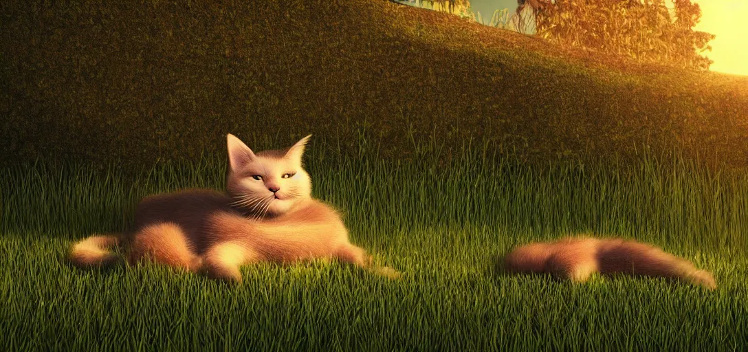 Prompt: a cute cat sleeping on the grass inside a tunel at sunset, godrays, complementary colors, warm lighting, raytracing, highly detailed, high quality, 4k HDR, concept art, octane render, unreal engine 5, high coherence, calm, relaxing, beautiful landscape, serene