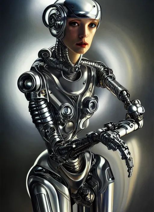 Prompt: futuristic chrome cyborg, part motorcycle, diffuse lighting, fantasy, intricate, elegant, highly detailed, lifelike, photorealistic, digital painting, artstation, illustration, concept art, smooth, sharp focus, art by John Collier and Albert Aublet and James jean and Brian froud and ross tran and Artem Demura and Alphonse Mucha