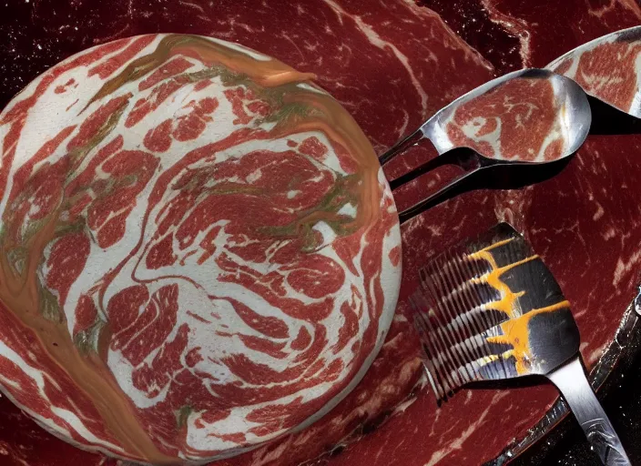 Image similar to NASA's Culinarity rover probes the surface of the meat planet with knives and forks, richly marbled and delicious planetary surface with rivers of gravy